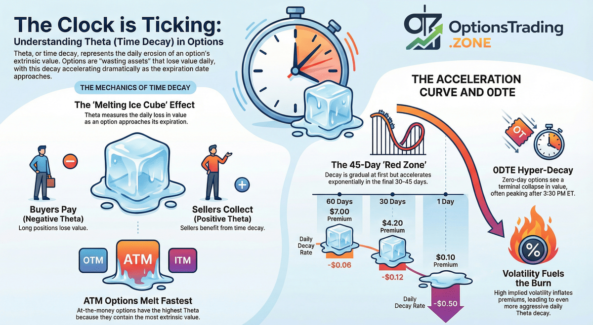 How Time Decay (Theta) Works in Options Trading infographic