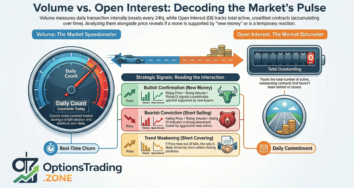 Options Volume vs Open Interest: How to Read Market Activity infographic