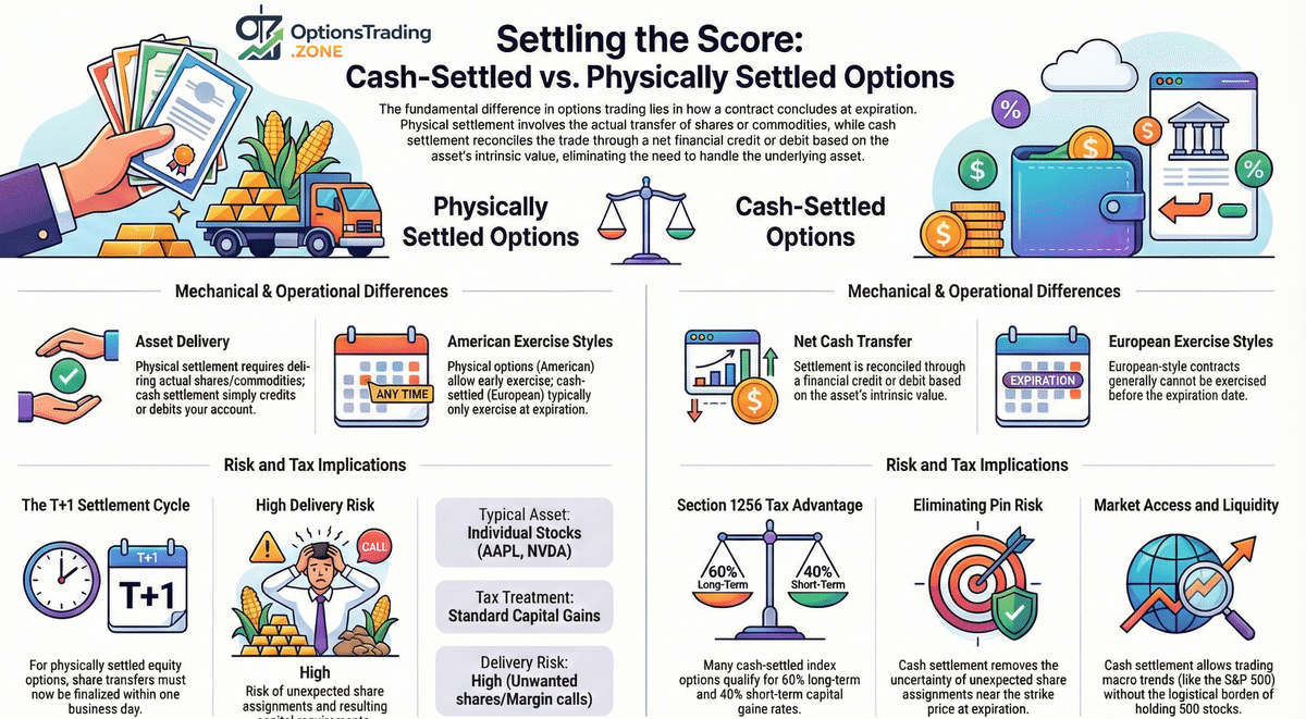 Cash-Settled vs. Physically Settled Options Explained infographic