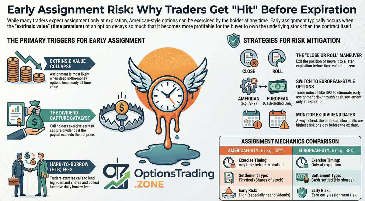 Early Assignment Risk in Options Trading: When and Why It Happens infographic