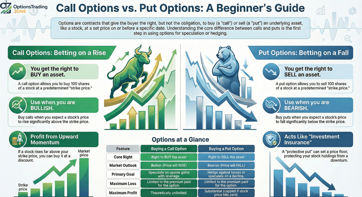 Call Options vs Put Options: Differences, Examples, and When to Use Them infographic
