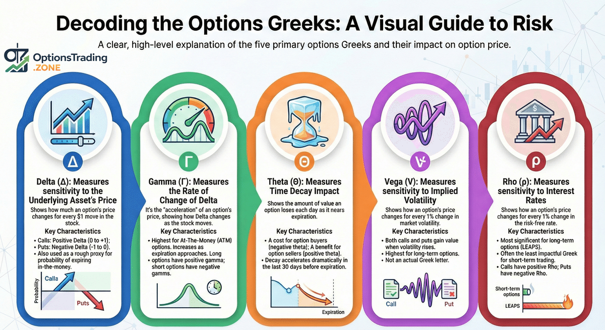 The Options Greeks Explained: Delta, Gamma, Theta, Vega, and Rho infographic