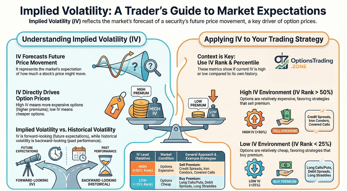Implied Volatility (IV) in Options Trading: What It Is and Why It Matters infographic