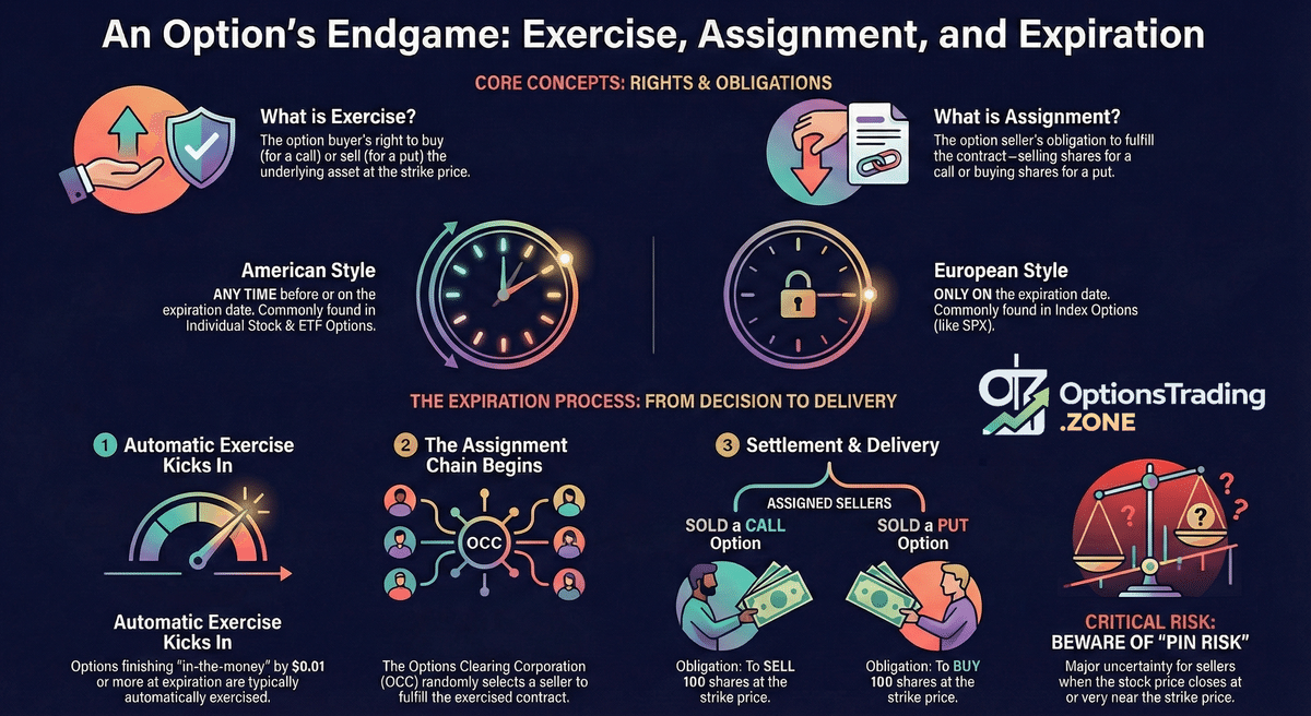 Options Expiration, Assignment, and Exercise Explained infographic