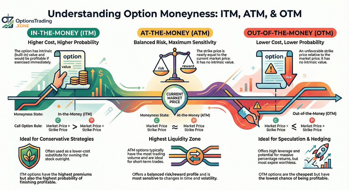 In-the-Money, At-the-Money, and Out-of-the-Money Options Explained infographic
