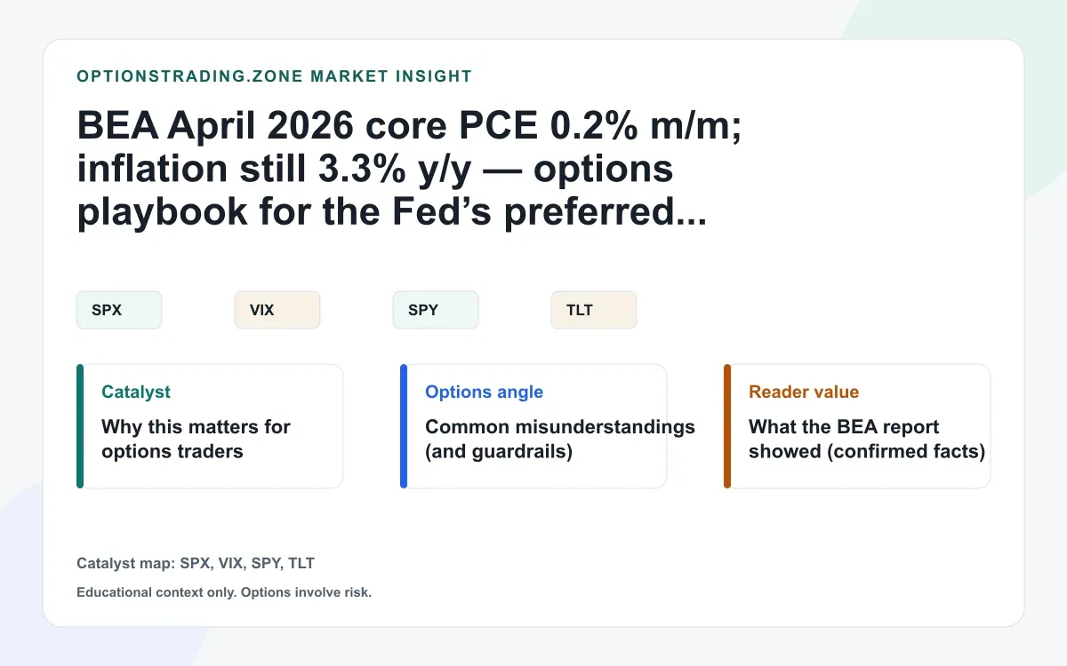 BEA April 2026 Core PCE: 0.2% m/m with 3.3% y/y still sticky — an options-market playbook visual