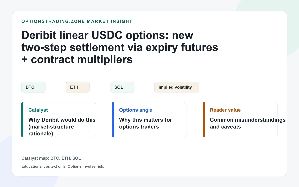 Deribit linear USDC options: two-step settlement via expiry futures and how multipliers work visual