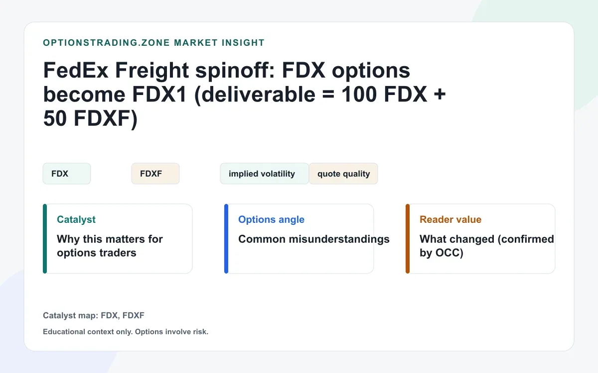OCC: FedEx options adjust to FDX1 for FedEx Freight spin-off (June 1, 2026) - deliverable math visual