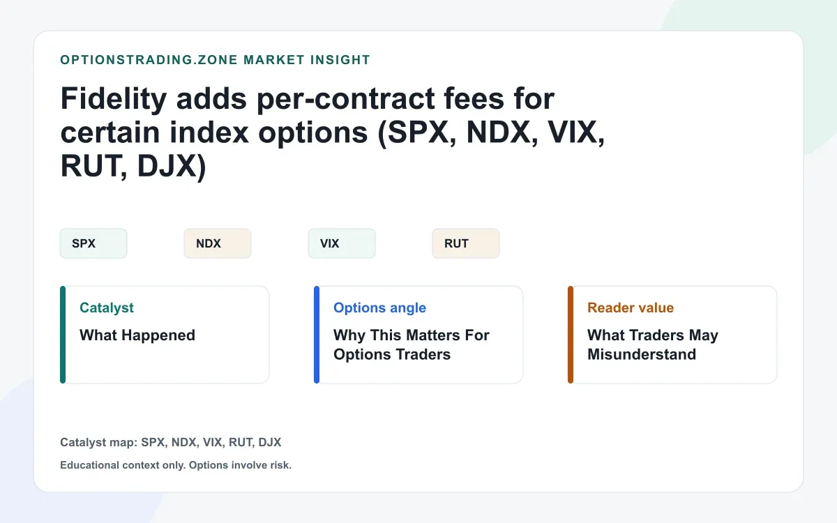Fidelity now lists extra per-contract fees for select index options (SPX, NDX, VIX, RUT, DJX) visual