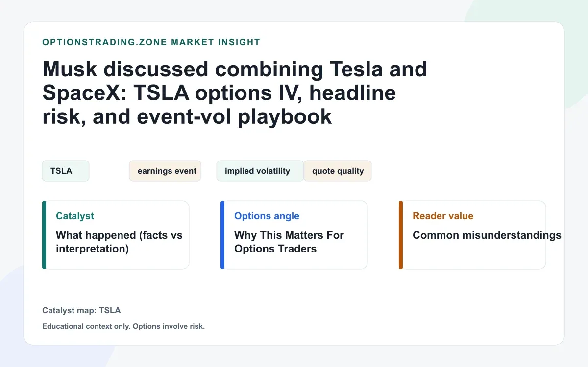 Musk discussed combining Tesla and SpaceX: TSLA options IV and headline-risk checklist visual
