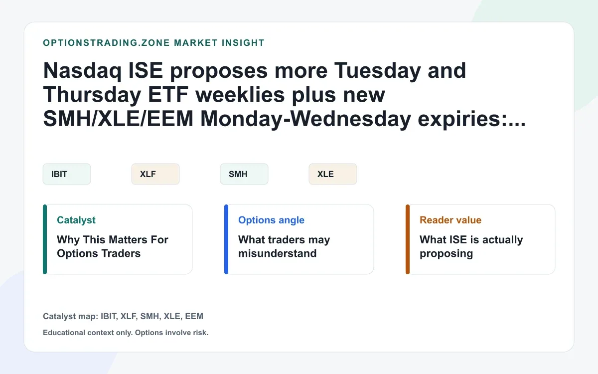 Nasdaq ISE seeks more ETF weeklies in IBIT, XLF, SMH, XLE, and EEM visual