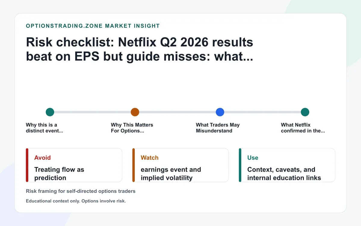Netflix Q2 2026 results beat on EPS but guide misses: what the live NFLX print changes for options traders supporting media