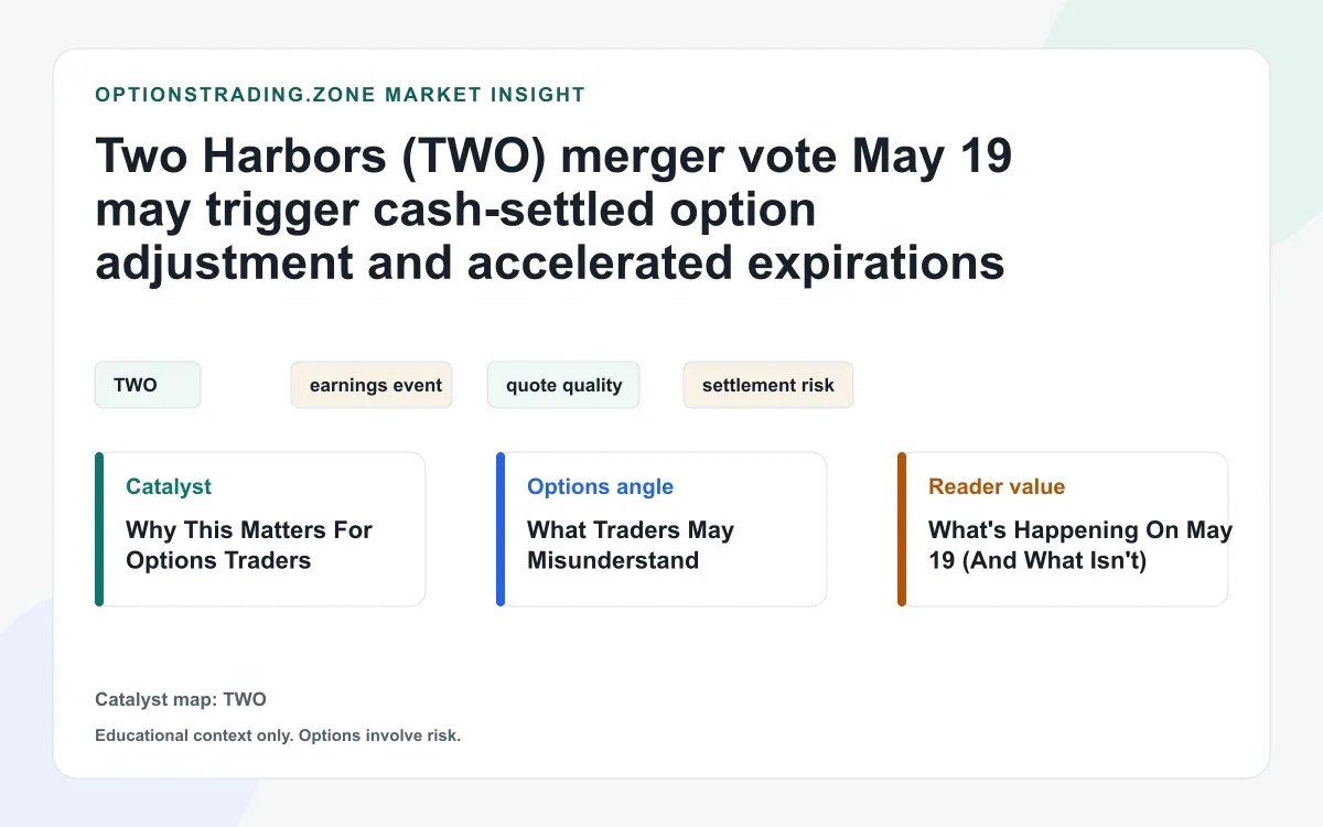 Two Harbors (TWO) merger vote May 19 could later convert options to $1,200 cash deliverables and accelerate expirations visual