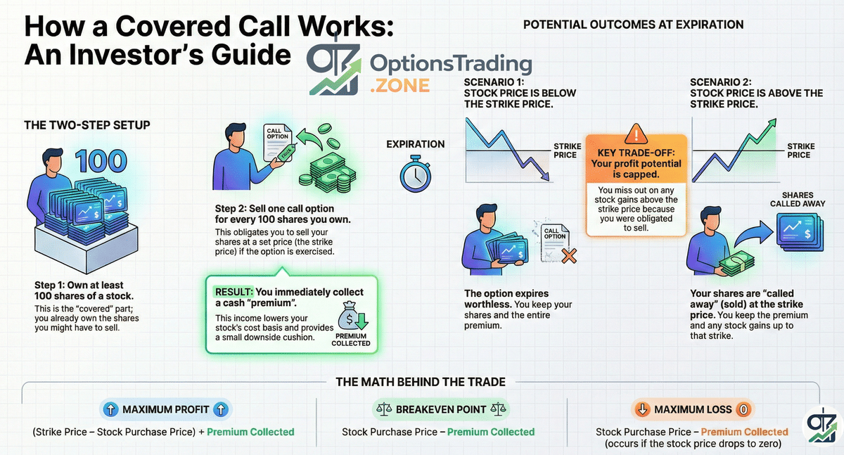 A Comprehensive Tutorial on the Covered Call Strategy infographic