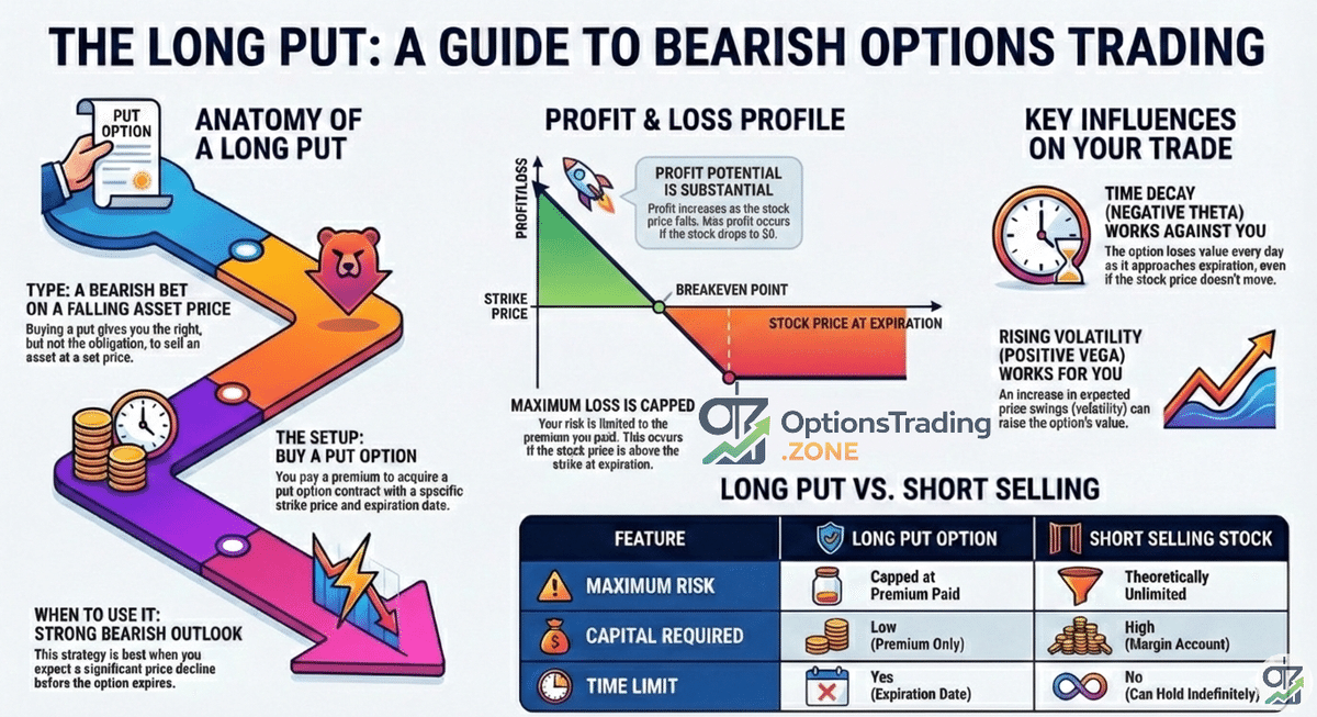 A Comprehensive Guide to the Long Put Options Strategy infographic