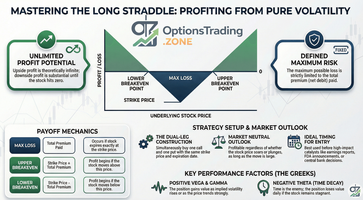 The Long Straddle Options Strategy: A Comprehensive Guide infographic