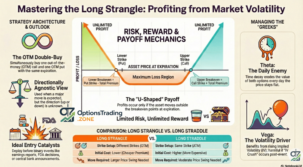 A Comprehensive Guide to the Long Strangle Options Strategy infographic