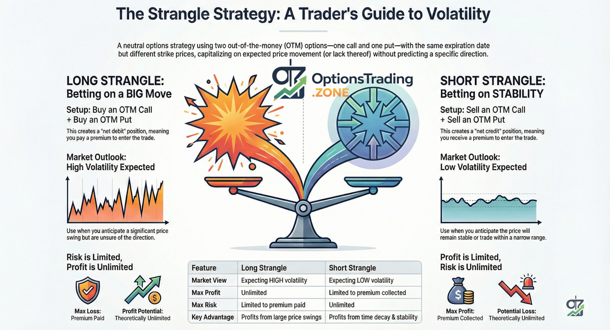 The Strangle Options Strategy: A Comprehensive Guide for Traders infographic